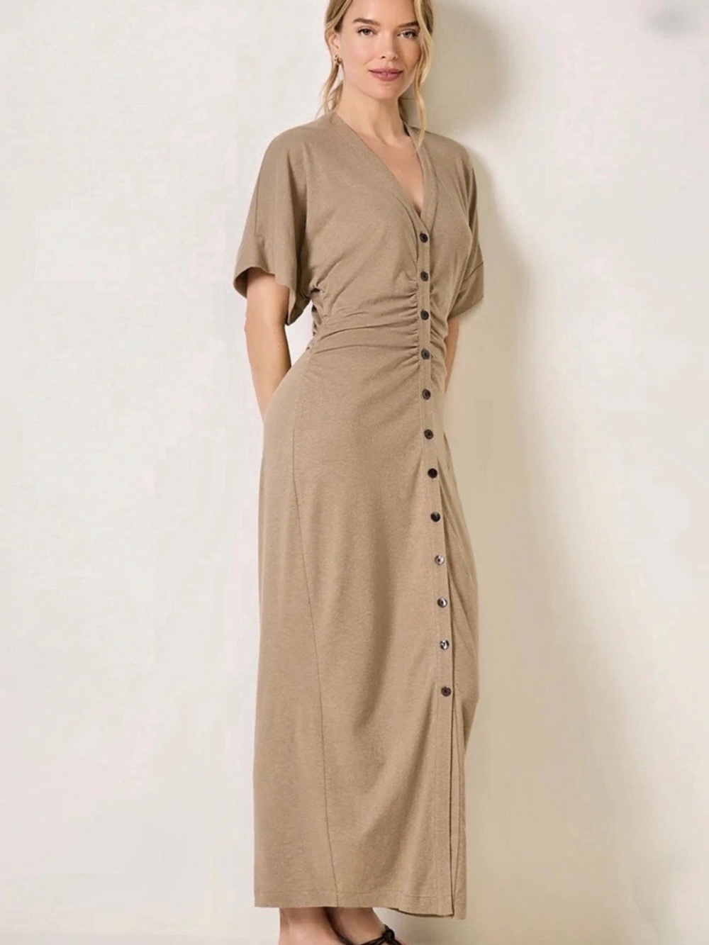 Faherty Hemp Blend Ruched Button Front Maxi Dress Beige M